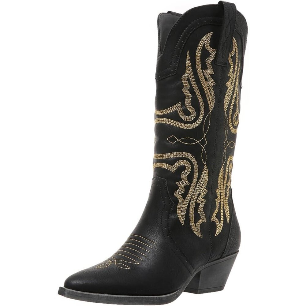 Women's Black Pointed Toe Chunky Block Heel Cowgirl Mid Calf Western Booties
